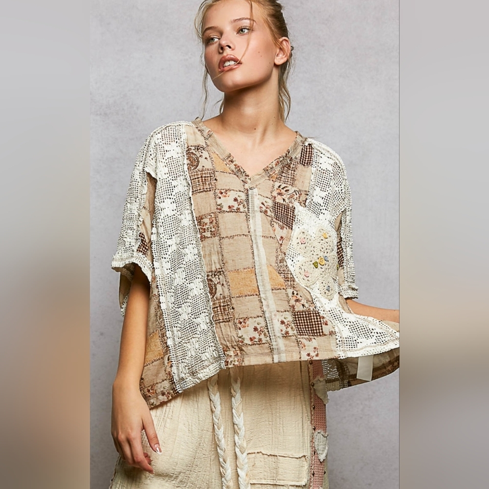 POL Patchwork Crochet Beige & Cream Boho Top - Picture 2 of 5